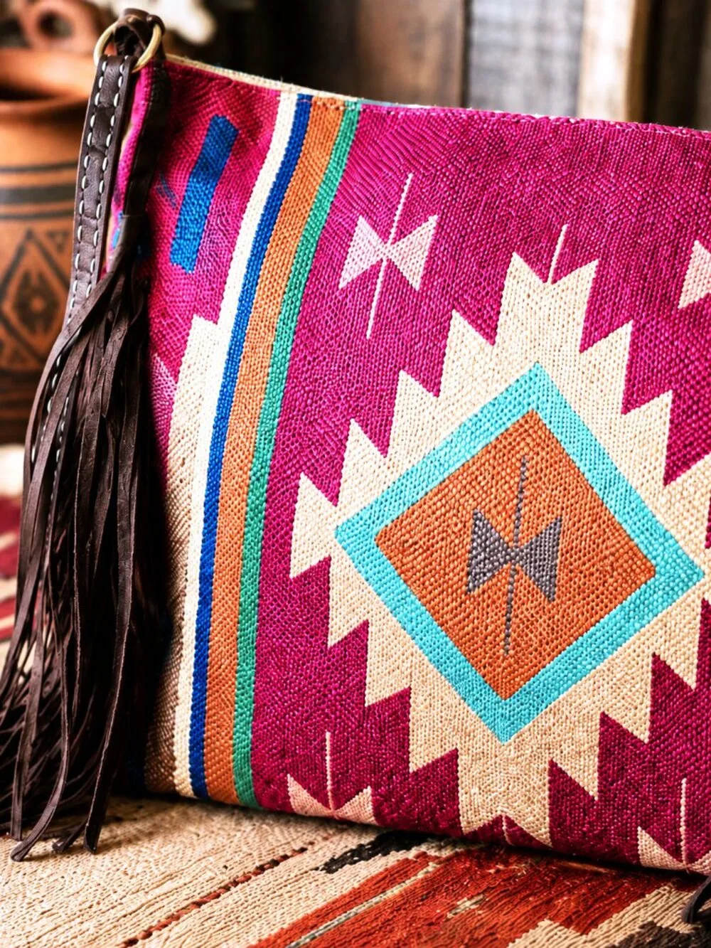 Southwestern Magenta Fringe Tote Bag Purse Faux Leather Western Aztec Canvas NWT